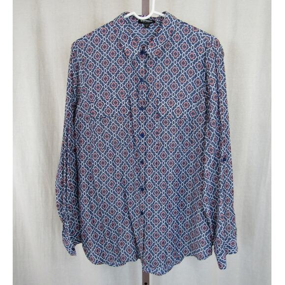 Express The City Shirt Large Blue Printed Retro Button Up Shirt Collared - Picture 1 of 4